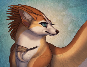 ambiguous_gender blue_eyes brown_body brown_feathers brown_fur brown_nose feathered_wings feathers feral fur green_eyes smile solo whiskers wings katie_hofgard calluna_(katie_hofgard) alecani avian canid canine hybrid mammal 2015 digital_media_(artwork) headshot_portrait portrait