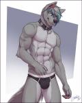 2016 5_fingers abs anthro black_bottomwear black_clothing black_underwear bottomwear briefs bulge canid canine canis claws clothed clothing collar crash_azarel_(character) digital_media_(artwork) ear_piercing feralise fingers front_view fur grey_body grey_fur hair hand_in_pants hand_in_underwear male mammal multicolored_body multicolored_fur muscular muscular_anthro muscular_male navel pecs piercing portrait pose simple_background smile solo standing three-quarter_portrait topless two_tone_body two_tone_fur underwear wolf yellow_eyes