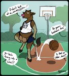 anthro ball basketball basketball_(ball) basketball_court basketball_hoop basketball_uniform belly brown_body brown_fur chain-link_fence clothed clothing dialogue embarrassed female fence fingers fur gender_transformation hooved_fingers hooves horn human_to_anthro mtf_transformation offscreen_character on_one_leg open_mouth outside plant slightly_chubby slightly_chubby_anthro slightly_chubby_female solo species_transformation sportswear standing tail tail_tuft teats text torn_clothing transformation tree tuft udders uniform worried yafath bovid bovine cattle mammal english_text hi_res