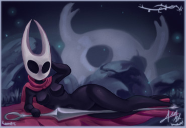 2_horns biped black_body black_breasts black_eyes breasts clothing female hand_behind_head holding_melee_weapon holding_object holding_weapon horn lying melee_weapon on_ground on_side red_clothing solo weapon ale-s-art hollow_knight team_cherry hornet_(hollow_knight) arthropod 2025 signature