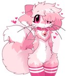 anthro bell bell_collar biped clothed clothing collar crossdressing femboy fur heart_symbol leg_warmers legwear looking_at_viewer male mostly_nude_anthro mostly_nude_male pink_body pink_eyes pink_fur slim_anthro slim_male small_waist solo standing wide_hips pinkpoffinz puffi_(pinkpoffinz) canid canine domestic_cat felid feline felis fox hybrid mammal 2024 absurd_res hi_res