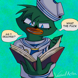 anthro beak blue_eyes book clothing dialogue female green_body reading sailor_uniform solo speech_bubble uniform vektral-arson jojo's_bizarre_adventure jojolion josuke_higashikata_(jojolion) sorana_chezazu anatid anseriform avian bird duck 1:1 hi_res meme right_to_left