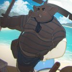 anthro beach beach_umbrella belly blue_eyes blush bottomwear bulge clothing male overweight overweight_male parasol pattern_clothing proboscis_(anatomy) sand seaside shorts solo striped_clothing stripes trunk trunk_(anatomy) tusks 7gaku_7 tamacolle hizen_(tamacolle) elephant elephantid mammal proboscidean 1:1 hi_res