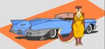 anthro breasts brown_body clothed clothing dress female fur simple_background smile solo vehicle delta_dewitt cadillac cadillac_eldorado mammal mustelid otter digital_media_(artwork)