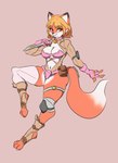 anthro big_breasts blonde_hair breasts cleavage clothed clothing female hair heterochromia jacket knife multicolored_body ranged_weapon solo tail text topwear weapon hidden-cat combat_cat_studio wild_assault akai_hime_(wild_assault) canid canine canis fox mammal 2024 digital_media_(artwork) hi_res