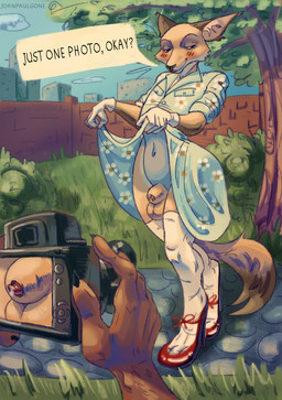 anthro balls belly bodily_fluids camera clothed clothing clothing_lift crossdressing dialogue dress dripping duo exhibitionism femboy footwear fur genital_fluids genitals high_heels holding_camera holding_object humanoid_genitalia humanoid_penis legwear looking_at_viewer male mostly_offscreen_character nature navel outside partially_clothed penis precum precum_drip public public_nudity question_mark shoes small_penis smile standing stockings tail text johnpaulgone canid canine fox mammal english_text hi_res