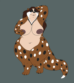 4_toes 5_fingers anthro black_nose brown_body brown_fur brown_hair brown_nipples claws feet female fingers fur hair inverted_nipples membrane_(anatomy) navel nipples overweight overweight_female slightly_chubby solo spots tan_body tan_fur toe_claws toes webbed_hands bigladydragon felicia_(tenpoundhammer) badger hybrid mammal mustelid musteline otter 2026