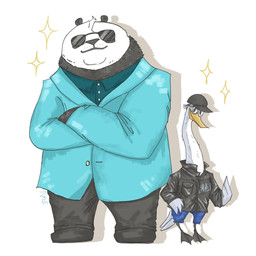 anthro black_body black_bottomwear black_clothing black_fur black_hat black_headwear black_jacket black_pants black_topwear blue_bottomwear blue_clothing blue_jacket blue_pants blue_shirt blue_topwear bottomwear clothed clothing duo eyewear feathers fur hat headgear headwear jacket male multicolored_body multicolored_fur overweight overweight_anthro overweight_male pants shirt size_difference smile sparkles sunglasses topwear two_tone_body two_tone_fur white_body white_feathers white_fur zzommie dreamworks kung_fu_panda li_shan_(kung_fu_panda) mr._ping anatid anseriform anserine avian bear bird giant_panda goose mammal 1:1 2024 digital_media_(artwork) hi_res