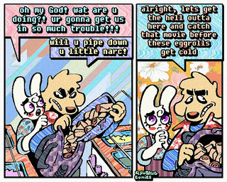 2_panel_comic aloha_shirt anthro backpack cheek_spots clothing dialogue duo floppy_ears fur half-closed_eyes humor male narrowed_eyes overalls pattern_clothing pattern_shirt pattern_topwear shirt speech_bubble teeth text tooth_gap topwear white_body white_fur yellow_body yellow_fur rawdawgcomics bingus_(rawdawgcomics) stahli_(rawdawgcomics) bird_dog canid canine canis domestic_dog golden_retriever hunting_dog lagomorph leporid mammal rabbit retriever 5:4 comic english_text