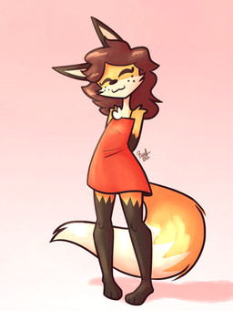 anthro brown_hair clothing dress eyes_closed female freckles hair hands_behind_back shadow smile solo tail rafvicalv canid canine fox mammal hi_res