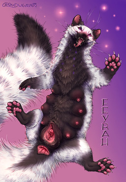 5_toes animal_genitalia animal_vulva anus aroused big_anus big_clitoris big_tail big_vulva black_body black_fur blush bodily_fluids breasts canine_genitalia canine_vulva claws clitoris countershading detailed_genitals feet female feral fluffy fur gaping gaping_vagina genital_fluids genitals gradient_background horizontal_pupils hyper in_heat multi_breast multi_nipple multicolored_body multicolored_fur nipples open_mouth paws presenting presenting_vulva pupils purple_eyes reverse_countershading simple_background skin_folds slightly_chubby slightly_chubby_female solo tail text toes tongue tongue_out vaginal_fluids vulva whisker_spots whiskers white_body white_fur cloudweaver_(artist) feyrah_(huggable_werewolf) gulonine mammal marten mustelid musteline absurd_res hi_res
