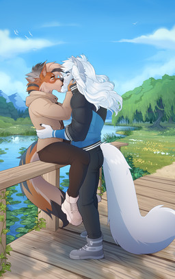 anthro black_stripes bridge clothing day detailed_background duo eyes_closed footwear french_kissing fur grey_hair hair hand_on_face jacket kissing lily_pad long_hair male male/male male_anthro mountain multicolored_hair nature nature_background orange_body orange_fur plant pond romantic romantic_couple shoes striped_body striped_fur stripes tan_hair topwear trail two_tone_hair water white_body white_fur white_hair wood wooden_bridge dicksndemons pyro29 zuel_(ruugoole) arctic_wolf canid canine canis iberian_wolf mammal wolf 2024 absurd_res hi_res