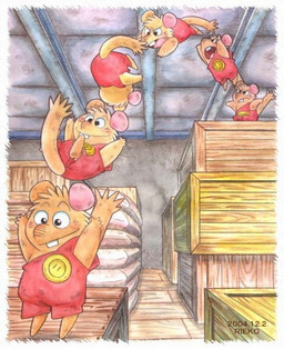 anthro biped black_eyes box brown_body chibi container detailed_background inside jumping solo rieko gamba_no_bouken gamba_no_bouken_(series) ganba mammal mouse murid murine rodent 2004
