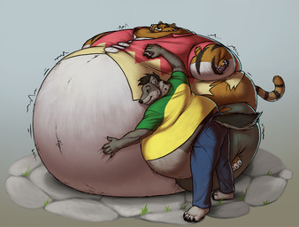 anthro belly belly_inflation big_belly body_inflation button_(fastener) candy chubby_cheeks claws clothed clothing dessert duo food fur furgonomics grey_body grey_fur hand_on_belly hand_on_moob holding_candy holding_food holding_object huge_belly immobile inflation leaning_on_another male male/male markings moobs motion_lines obese obese_anthro obese_male orange_body orange_fur overweight overweight_anthro overweight_male smile spots spotted_body spotted_fur standing straining_buttons striped_body striped_fur stripes tail tail_clothing toe_claws torn_clothing white_body white_fur sugarboy gurbadou oliver_(gurbadou) canid canine canis felid mammal pantherine tiger wolf