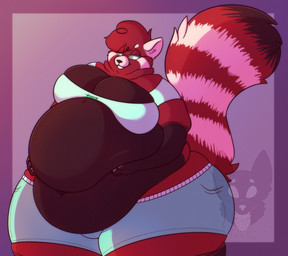 4_claws 4_fingers anthro belly belly_folds belly_grab belly_lift belly_play big_belly big_breasts biped black_claws black_nose border bottomwear breasts brown_body brown_countershading brown_markings chubby_cheeks claws cleavage cleavage_overflow clothed clothed_anthro clothed_female clothing countershade_face countershade_fur countershade_hands countershading curly_hair dipstick_tail eye_through_hair eyebrow_through_hair eyebrows facial_markings fat_arms fat_neck female female_anthro fingers fluffy fluffy_tail fur fur_tuft gloves_(marking) green_eyes hair hair_over_eye head_markings huge_belly huge_thighs leg_markings markings midriff navel neck_tuft no_pupils obese obese_anthro obese_female open_mouth open_smile overweight overweight_anthro overweight_female pink_background pockets purple_border raised_tail red_body red_fur red_hair red_tail red_tuft shirt shorts simple_background skindentation smile socks_(marking) solo standing stripes t-shirt tail tail_markings tear_(marking) teeth thick_thighs topwear translucent translucent_hair tuft white_body white_clothing white_countershading white_ears white_eyebrows white_markings white_shirt white_stripes white_t-shirt white_topwear wide_hipped_anthro wide_hipped_female wide_hips strawberrymilkdog cherry_jubilee_(strawberrymilkdog) ailurid mammal red_panda 2022 colored hi_res portrait shaded three-quarter_portrait watermark