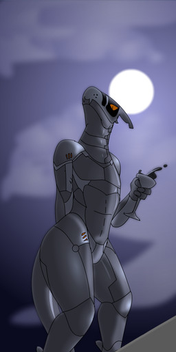 angry anthro beverage cloud cybernetics dark dark_body digitigrade fangs fingers glass glistening glistening_body grey_body hand_behind_back head_back holding_beverage holding_object liquid looking_at_viewer looking_down machine male moon night orange_eyes robotic solo standing tail teeth ryxinel android robot synth_(vader-san) 2021 absurd_res digital_media_(artwork) hi_res shaded