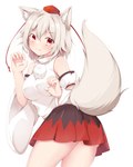 bottomwear butt butt_pose canine_ears clothed clothing female hair hat headgear headwear miniskirt pleated_skirt pose shirt simple_background skirt solo tail tail_over_skirt topwear white_ears white_hair white_tail wolf_ears lulu_akituki touhou momiji_inubashiri animal_humanoid canid canid_humanoid canine canine_humanoid humanoid mammal mammal_humanoid wolf_humanoid absurd_res hi_res