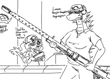 anthro back_spikes baseball_cap clothing collared_shirt dialogue duo fast_food_employee fast_food_restaurant fast_food_uniform feathers female gesture gun hair hand_gesture hat headgear headwear holding_gun holding_object holding_ranged_weapon holding_weapon long_neck long_tail neck_spikes open_mouth open_smile ponytail ranged_weapon shirt short_hair smile snout spikes spikes_(anatomy) tail tail_tuft text thumbs_up topwear tuft weapon faustanon cavemanon_studios i_wani_hug_that_gator snoot_game lunara_(iwhtg) maggie_(snoot_game) amargasaurus bambiraptor dicraeosaurid dinosaur diplodocoid dromaeosaurid feathered_dinosaur feathered_scalie prehistoric_species reptile saurischian sauropod sauropodomorph scalie theropod 2025 black_and_white english_text monochrome sketch