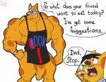 anthro apron biceps clock clothing dialogue facial_hair genitals group humanoid_genitalia humanoid_penis male male/male mature_male muscular muscular_male mustache open_mouth pecs penis solo_focus speech_bubble text watch bobthetanuki catdog_(series) nickelodeon felinius_cat randolph_grant domestic_cat felid feline felis mammal english_text hi_res father_(lore) father_and_child_(lore) father_and_son_(lore) parent_(lore) parent_and_child_(lore) parent_and_son_(lore) son_(lore)