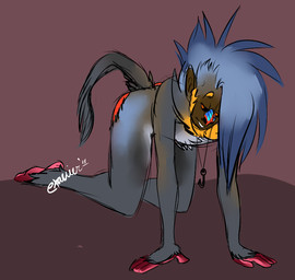 all_fours anthro black_body black_fur blue_body blue_fur blue_hair brown_body brown_fur fish_hook fur hair hook male multicolored_body multicolored_fur nude orange_body orange_eyes orange_fur purple_background red_body red_skin simple_background solo exavier haplorhine mammal mandrill monkey old_world_monkey primate