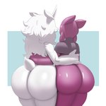 anthro big_butt bottomless butt claws clothed clothing duo fingernails glistening glistening_butt horn male male/male nails nude purple_body rear_view simple_background standing tail white_background white_body white_butt sqoon beri_(sqoon) null_(sssonic2) alien humanoid puwa 1:1 digital_media_(artwork) hi_res