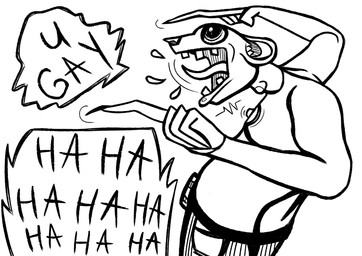 anthro bodily_fluids bottomwear clothing fingers gesture hand_gesture lips male nipples open_mouth pants pointing saliva solo speech_bubble standing text tongue tongue_out eyescutout mammal mouse murid murine rat rodent hi_res monochrome