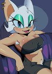 anthro armpit_hair bandeau big_breasts body_hair bottomwear breast_squish breasts clothing female huge_breasts lipstick looking_at_viewer makeup nipple_outline shorts sitting smile solo squish topwear pudutoast sega sonic_the_hedgehog_(series) rouge_the_bat bat mammal absurd_res hi_res