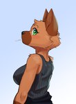 anthro blush breasts brown_body brown_fur clothed clothing eyebrow_piercing facial_piercing female fur gradient_background green_eyes piercing shirt simple_background solo tank_top topwear ruribec ventura_city_drifters rose_naire canid canine canis domestic_dog mammal 2021 absurd_res hi_res