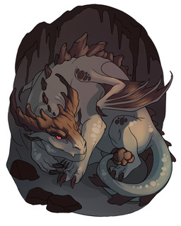 2_horns 3_fingers 3_toes ambiguous_gender back_spikes brown_markings cave claws fangs feet feral fingers front_view grey_body horn hunched_over looking_at_viewer markings membrane_(anatomy) membranous_wings neck_spikes no_sclera quadruped red_eyes small_wings solo spiked_tail spikes spikes_(anatomy) stalactite tail tapering_tail teeth toes wings dimenran european_mythology mythology dragon mythological_creature mythological_scalie scalie western_dragon digital_drawing_(artwork) digital_media_(artwork) hi_res shaded