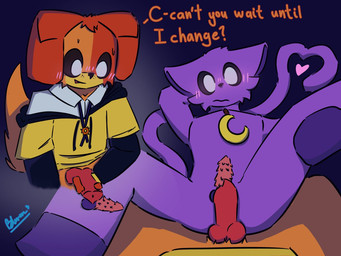 anthro clothing duo fur genitals hair heart_symbol love male male/male moon nude orange_body orange_fur orange_hair penis purple_body purple_fur purple_hair raised_leg romantic school_uniform shy sun touching_penis uniform mob_entertainment poppy_playtime smiling_critters catnap_(poppy_playtime) dogday_(poppy_playtime) canid canine felid feline mammal