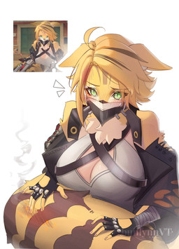 anthro blush cleavage_cutout clothing cutout female fingerless_gloves fur gloves green_eyes handwear jacket mask mouthplate pupils slit_pupils solo topwear yellow_body yellow_fur bunlynn mihoyo zenless_zone_zero pulchra_fellini felid feline mammal absurd_res hi_res