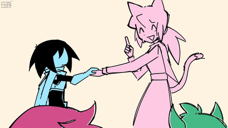ambiguous_gender ambiguous_human anthro biped bite_mark black_hair blue_body blue_skin bodily_fluids clothed clothing dipstick_tail duo_focus eye_contact fangs female female_humanoid fur group hair hand_holding hand_wound jewelry logo looking_at_another looking_at_viewer male markings necklace nervous pink_body pink_fur pink_hair serious shadow_face short_hair simple_background spotlight sweat sweatdrop tail tail_markings tan_background tan_body tan_skin teeth maxoke deltarune undertale_(series) friend_(deltarune) kris_dreemurr mew_mew_(undertale) pink_(deltarune) animal_humanoid bovid caprine cat_humanoid darkner felid felid_humanoid feline feline_humanoid goat human humanoid mammal mammal_humanoid scalie seven_flowers 2026 2d_animation animated artist_logo digital_drawing_(artwork) digital_media_(artwork) english_audio english_description frame_by_frame short_playtime sound video