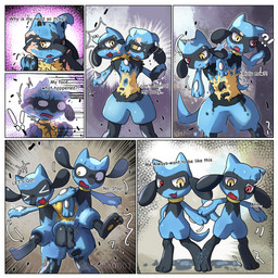 3_fingers 3_toes anthro border brown_hair duo feet fingers fur fur_tuft hair heterochromia male pokemon_transformation potion red_eyes text toes transformation transformation_potion tuft white_border willing_transformation yellow_eyes lisher001 nintendo pokemon generation_4_pokemon human lucario mammal pokemon_(species) riolu 1:1 comic english_text hi_res tagme