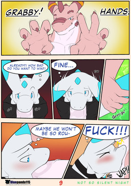 5_fingers anthro bedroom_eyes black_clothing black_topwear blue_body blue_eyes blush claws clothing clutching dialogue duo ear_grab ear_pull eyebrow_spikes eyes_closed facial_spikes fellatio finger_claws fingers front_view genitals head_horn horn horn_jewelry horn_ring jaw_spikes jewelry long_ears male male/male narrowed_eyes oral page_number penile penis penis_in_mouth pink_body pink_claws profanity ring_(jewelry) seductive sex smile smiling_at_viewer spikes spikes_(anatomy) text thought_bubble topwear white_body bluepanda115 mythology hyperion_(bluepanda115) saber_(bluepanda115) dragon mythological_creature mythological_scalie scalie wingless_dragon absurd_res comic english_text hi_res