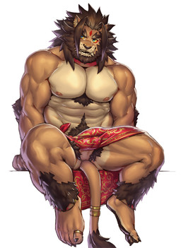 abs accessory anthro bangs beard blue_eyes body_hair bulge casual_exposure chest_hair clothed clothing collar digit_ring eyebrows facial_hair feet furgonomics jewelry leg_tuft male mane markings muscular muscular_arms muscular_male nipples no_underwear paws pecs perineum pubes ring sarong sideburns sitting sitting_on_tail solo spread_legs spreading tail tail_accessory tail_jewelry tail_ring thick_eyebrows third_eye_(marking) toe_ring toes tuft jacketbear lifewonders tokyo_afterschool_summoners barong_(tas) felid lion mammal pantherine hi_res