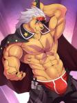 anthro black_bottomwear black_clothing black_topwear blush bottomwear briefs bulge clothed clothing coat_cape headdress holding_fixture jacket looking_at_viewer male muscular muscular_anthro muscular_male pole red_clothing red_underwear scar solo stripper_pole topwear underwear nuroi bandai_namco digimon bancholeomon digimon_(species) 3:4