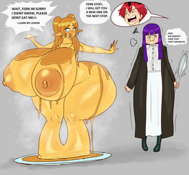 5_fingers after_transformation alternate_breast_size angry annoyed areola big_areola big_breasts big_butt big_nipples black_boots black_clothing black_coat black_footwear black_hair black_robe black_text black_topwear blue_eyes bodily_fluids boots breast_expansion breasts brown_areola brown_hair brown_nipples brown_tongue butt butt_expansion clothed clothed_female clothing coat curvy_figure cutlery dessert dialogue dress ear_piercing ear_ring erect_nipples expansion female fingers fist flan food food_transformation footwear grey_background group hair hand_out holding_food holding_object holding_spoon huge_areola huge_breasts huge_butt huge_thighs humanoid_pointy_ears hyper hyper_breasts hyper_butt implied_transformation kitchen_utensils light-skinned_female light-skinned_male light_body light_skin long_hair male maple_syrup multicolored_hair nipples nude nude_female on_plate piercing pigtails pink_tongue pointy_ears pudding puffed_cheeks purple_eyes purple_hair red_eyes red_hair ring_piercing robe shadow shoes short_hair simple_background sparkles sparkling_body species_transformation speech_bubble spoon standing syrup tears teary_eyes text thick_thighs tongue tools topwear transformation trio twintails_(hairstyle) two_tone_hair voluptuous voluptuous_female white_clothing white_dress white_speech_bubble wide_hips worried yellow_body yellow_breasts yellow_sclera yellow_skin flamingsanity frieren_beyond_journey's_end fern_(frieren) frieren stark_(frieren) elf food_creature food_humanoid human humanoid mammal 2024 english_description english_text hi_res