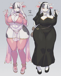 2_horns 4_fingers anklet anthro armwear big_breasts biped black_armwear black_bridal_gauntlets black_choker black_clothing black_eyebrows black_footwear black_jewelry black_necklace black_shoes blush blush_lines bodily_fluids bottomwear bra bracelet breasts bridal_gauntlets choker clothed clothed_anthro clothed_female clothing curvy_figure eyebrows eyelashes female female_anthro fingers flying_sweatdrops footwear fur gold_(metal) gold_anklet gold_bracelet gold_jewelry grey_background grey_body grey_fur grey_hair hair hand_above_breast horn huge_breasts jewelry legwear loincloth looking_at_viewer mouth_closed multicolored_body multicolored_clothing multicolored_footwear multicolored_fur multicolored_hair multicolored_shoes navel necklace nun_habit nun_outfit open_mouth panties pink_armwear pink_bra pink_bridal_gauntlets pink_clothing pink_footwear pink_inner_ear pink_legwear pink_panties pink_socks pink_thigh_highs pink_thigh_socks pink_underwear purple_eyes religious_clothing shoes simple_background socks solo squish sweat sweatdrop teeth text thick_thighs thigh_highs thigh_socks thigh_squish thin_eyebrows translucent translucent_bottomwear translucent_clothing translucent_loincloth two_tone_body two_tone_clothing two_tone_footwear two_tone_fur two_tone_hair two_tone_shoes underwear voluptuous white_body white_clothing white_footwear white_fur white_hair white_horn white_shoes wide_hips yellow_clothing yellow_footwear yellow_shoes rikose bovid bovine cattle mammal 2026 digital_media_(artwork) english_text hi_res
