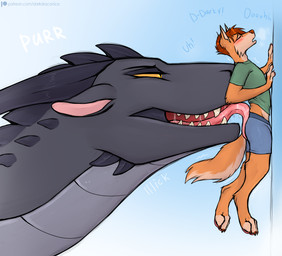 anthro back_lick back_spikes barefoot black_body black_scales blush bodily_fluids bottomwear brown_hair butt_lick clothed clothing clothing_lift duo extreme_size_difference eyes_closed feet female feral fur hair hand_on_wall head_spikes imminent_vore larger_female larger_feral licking licking_another looking_pleasured male male/female moan neck_spikes onomatopoeia open_mouth orange_body orange_fur pinned pinned_to_wall purring saliva saliva_on_tongue saliva_string scales sharp_teeth shirt shirt_lift shorts size_difference sound_effects spikes spikes_(anatomy) tail teeth text tongue topwear yellow_eyes darkdraconica mythology darky_(darkdraconica) dave_(darkdraconica) canid canine dragon fox mammal mythological_creature mythological_scalie scalie 2026 digital_media_(artwork) hi_res