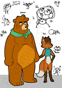 anthro blue_clothing blue_topwear blue_vest blush bottomless brown_body brown_fur brown_hair clothed clothing duo fur gloves_(marking) green_kerchief green_neckerchief hair hand_holding interspecies kerchief kerchief_only leg_markings male male/male markings mostly_nude neckerchief neckerchief_only neckwear orange_body orange_fur simple_background size_difference socks_(marking) sparkles standing topwear topwear_only vest vest_only white_background browniepistacho mating_season_(series) josh_(mating_season) unnamed_character bear brown_bear canid canine fox grizzly_bear mammal ursine 2026 colored digital_drawing_(artwork) digital_media_(artwork) spanish_description watermark