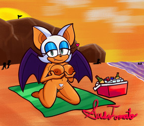 anthro areola beach breast_grab breasts cooler fangs female genitals hand_on_breast heart_symbol looking_at_viewer navel nipples nude outside pubes sand solo teeth towel vulva water wings sussytomato sega sonic_the_hedgehog_(series) rouge_the_bat bat mammal hi_res
