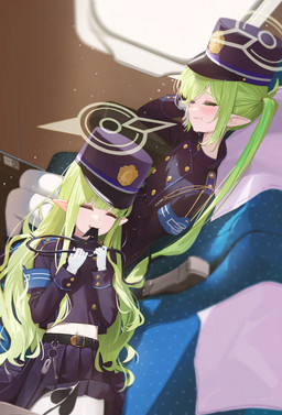 belt bite blue_bottomwear blue_clothing blue_hat blue_headwear blue_shirt blue_skirt blue_topwear blush bodily_fluids bottomwear clothing ear_piercing ear_ring eyes_closed female gloves green_hair hair halo handwear hat headgear headwear heart_tail holding_another's_tail holding_tail legwear long_hair lying_on_another navel pantyhose piercing pointy_ears prick_ears raised_arms ring_piercing shirt sitting skirt sweat tail tail_bite tail_in_mouth topwear whistle_(object) white_clothing white_gloves white_handwear white_legwear white_pantyhose young young_female young_humanoid fieryonion blue_archive nexon hikari_(blue_archive) nozomi_(blue_archive) demon demon_humanoid humanoid tailed_humanoid absurd_res hi_res