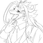 anthro clothing hair long_hair male mouth_shot necktie open_mouth sharp_teeth solo suit teeth amesawapane lifewonders mythology tokyo_afterschool_summoners fuxi_(tas) dragon mythological_creature mythological_scalie scalie line_art monochrome