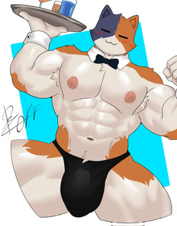 abs anthro areola armpit_hair armpit_tuft beverage biped black_body black_bow_tie black_clothing black_ears black_fur black_hair black_thong black_underwear blush blush_lines body_hair bow_tie brown_body brown_ears brown_fur brown_hair brown_nipples bulge clothing crotch_tuft detailed_bulge ear_piercing ear_ring eyes_closed fur hair holding_beverage holding_object holding_plate ice ice_cube male male_anthro mismatched_ears multicolored_body multicolored_fur multicolored_hair muscular muscular_anthro muscular_male nipples pecs piercing plate pose ring_piercing shirt_collar shirt_cuffs smile solo stocky thong tray tuft two_tone_hair underwear v-cut waiter white_body white_fur dezoff epic_games fortnite meowscles domestic_cat felid feline felis mammal 2026 digital_media_(artwork) hi_res signature
