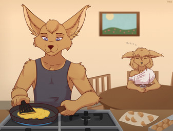 anthro appliance bagel beverage bread clothed clothing coffee coffee_mug container cooking cup detailed_background duo eyes_closed female fingers food fur furniture hair holding_container holding_cup holding_mug holding_object kitchen kitchen_appliance kitchen_utensils male mug omelette oven pan shirt sitting sleeping smile standing tank_top tools topwear ruth66 twokinds james_(championofbagels) madelyn_adelaide basitin mammal 2025 digital_media_(artwork) hi_res