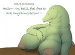 anthro arm_on_breasts big_breasts breasts female furniture greeting huge_breasts hyper hyper_breasts leaning leaning_forward nipples nude q&a questions_and_answers simple_background solo table text thick_neck tongue tongue_out bellyblog_(artist) belli_(bellyblog) crocodile crocodilian reptile scalie digital_drawing_(artwork) digital_media_(artwork) english_text hi_res herm_(lore)