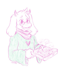 5_fingers ambiguous_gender anthro blush cheek_tuft claws clothed clothing cookie dessert eyewear facial_tuft fingers floppy_ears food fur glasses head_tuft heart_symbol holding_food holding_object horn looking_away offering_food open_mouth open_smile robe scarf simple_background smile solo steam teeth tuft white_background white_body white_fur claird deltarune undertale_(series) ralsei bovid caprine darkner goat mammal 2018 portrait signature