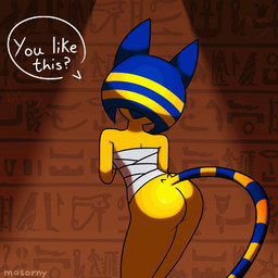 anthro blue_hair bottomless breasts butt clothed clothing dancing female fur hair nude rear_view simple_background solo tail text topwear yellow_body masornydraws animal_crossing nintendo ankha_(animal_crossing) domestic_cat felid feline felis mammal 1:1 animated digital_media_(artwork) hi_res shaded