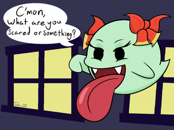 accessory big_tongue bow_(feature) bow_accessory bow_ribbon female hair_accessory hair_bow hair_ribbon long_tongue not_furry open_mouth ribbons solo text tongue tongue_out tyler_3d_(artist) mario_bros nintendo paper_mario lady_bow boo_(mario) ghost spirit english_text