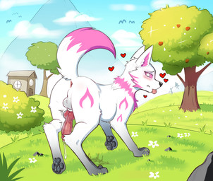 animal_genitalia animal_penis anus balls blep blush bodily_fluids building canine_genitalia canine_penis detailed_background feral flower fur genital_fluids genitals grass heart_symbol house knot leaking_precum looking_back male mountain pawpads paws penis perineum plant precum solo tongue tongue_out tree white_body white_fur ccruelangel epic_games fortnite background_character kitsune_(fortnite) avian bird canid canine fox mammal hi_res